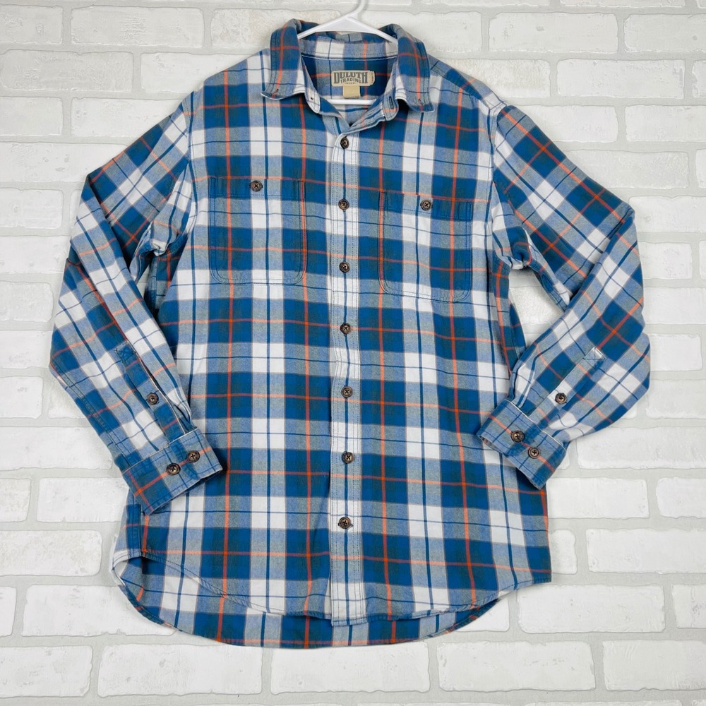 Duluth Trading Co Mens Plaid Flannel Shirt Blue Orange Trim Fit L Tall Cotton